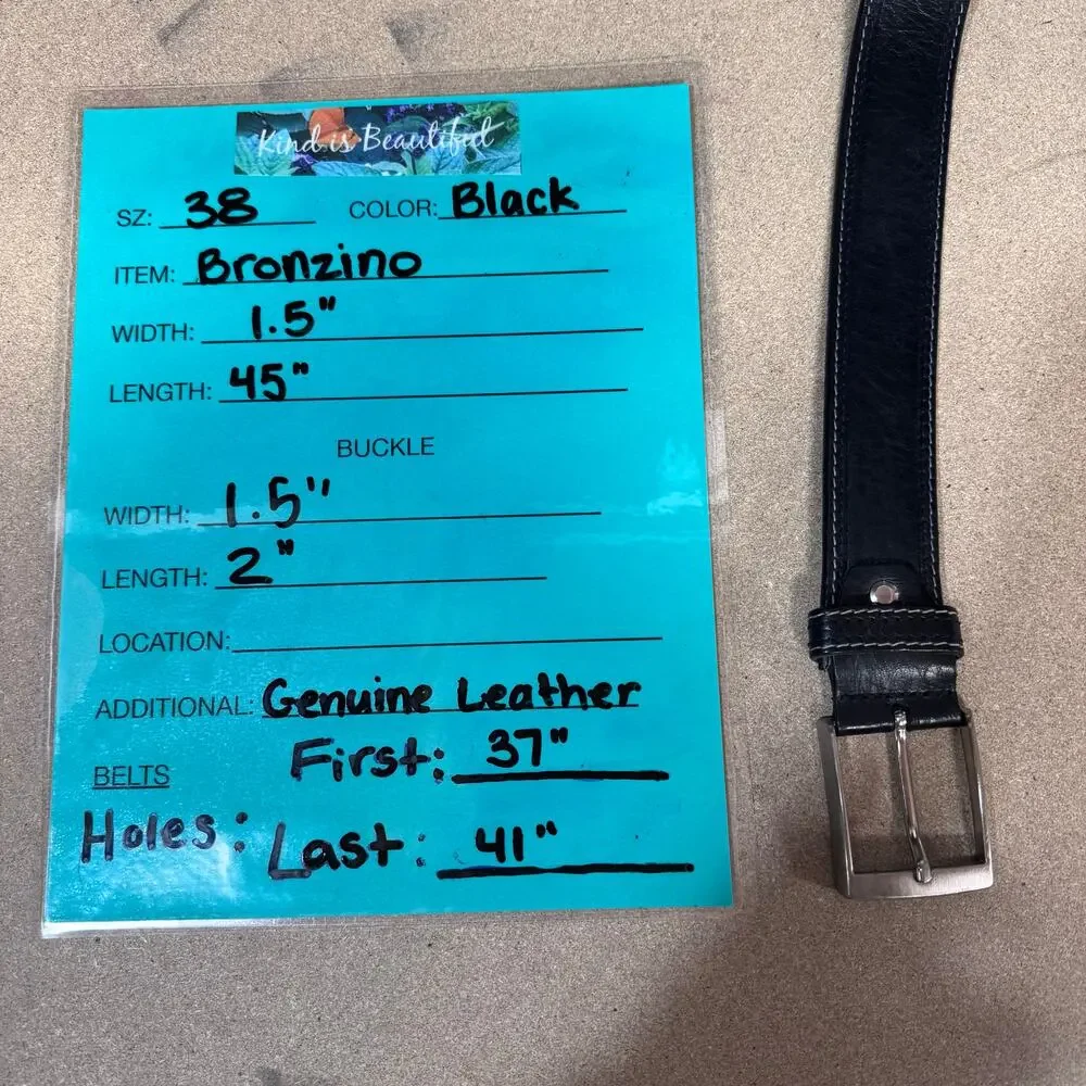 Bronzino Leather Buckle Belt Men's 38 Black Italy Luxe Polished Office Classic